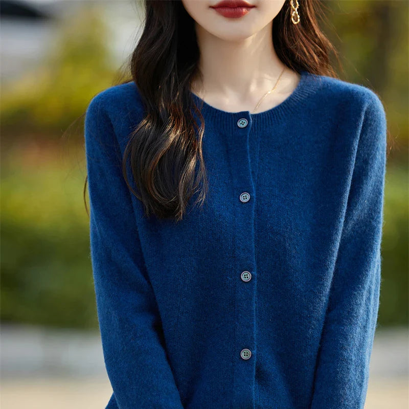 Soft Wool Cashmere Blend Knitted Round Neck Cardigan