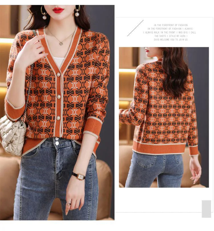 Vintage Elegant V-neck Jacquard Knitted Cardigan