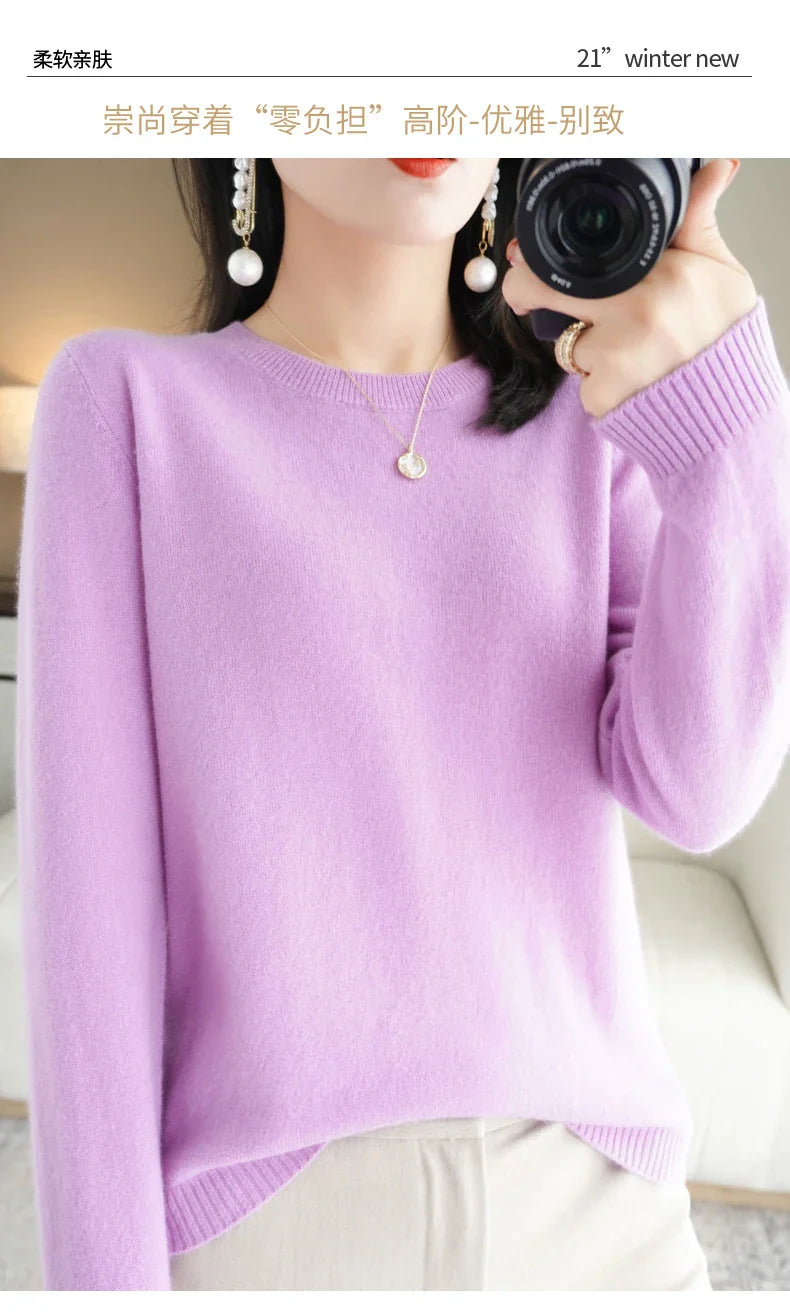 Classic Style Cashmere Round Neck Pullover with  Long Sleeve