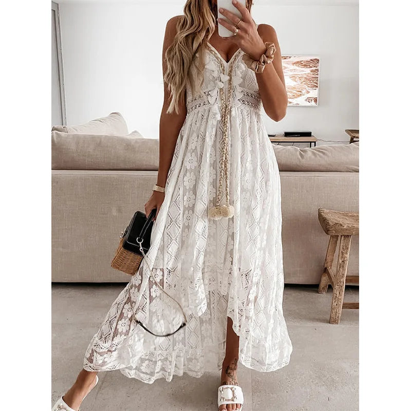 Boho White Beige Lace V Neck Dress
