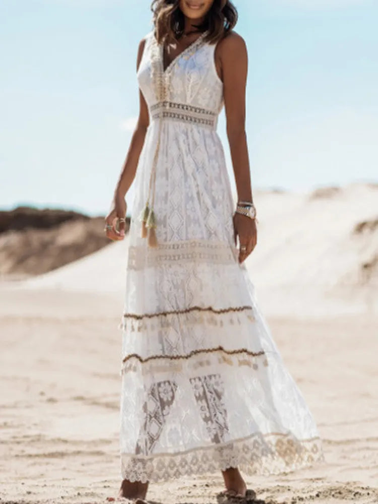 Boho White Beige Lace V Neck Dress