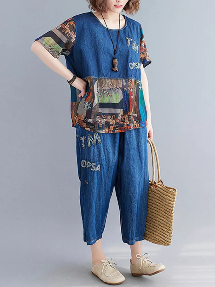 Denim Vintage Spliced Print 2 Two Piece Set