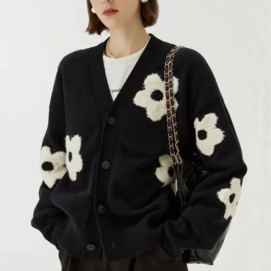 Trendy Floral Embroidered Knitted  Loose Fitting Cardigan
