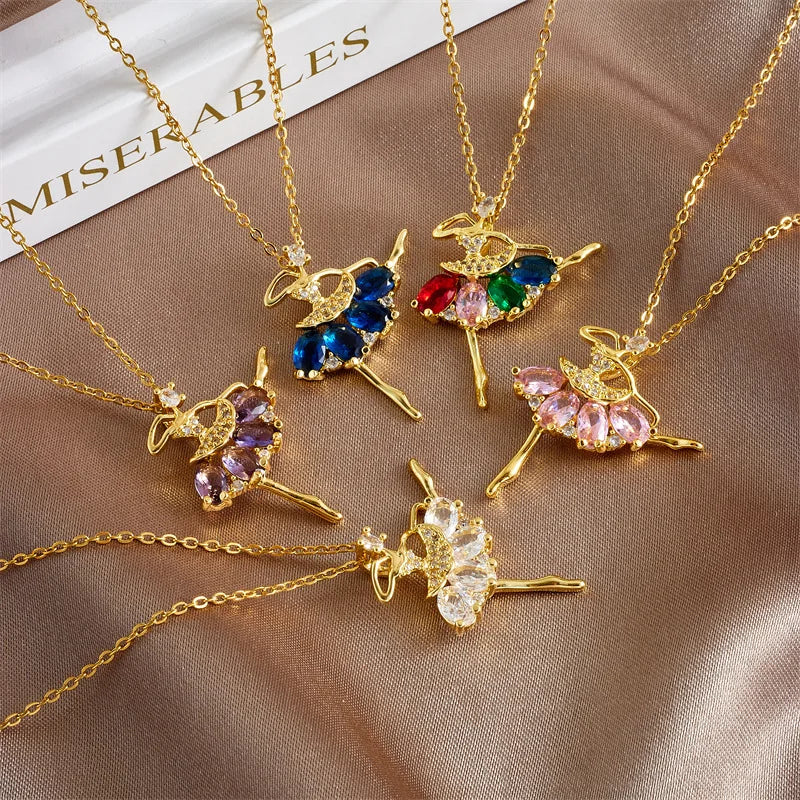 Colorful Zircon Ballerina Girl Pendant Necklace