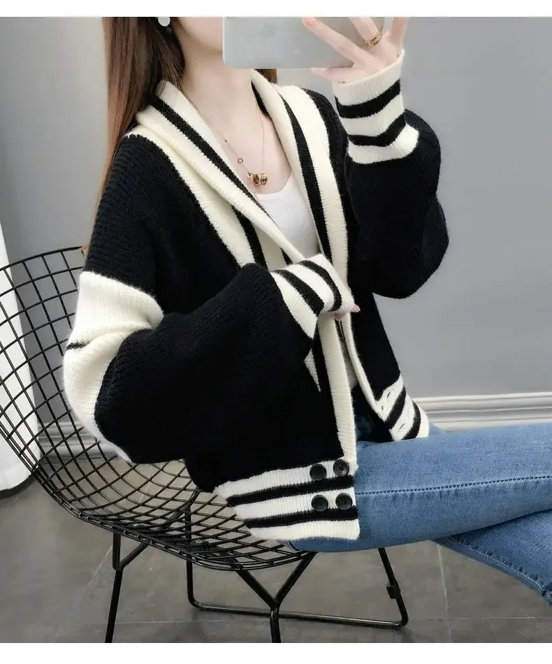 Striped Knitted  Cardigan Coat Long Sleeve Sweater Jackets