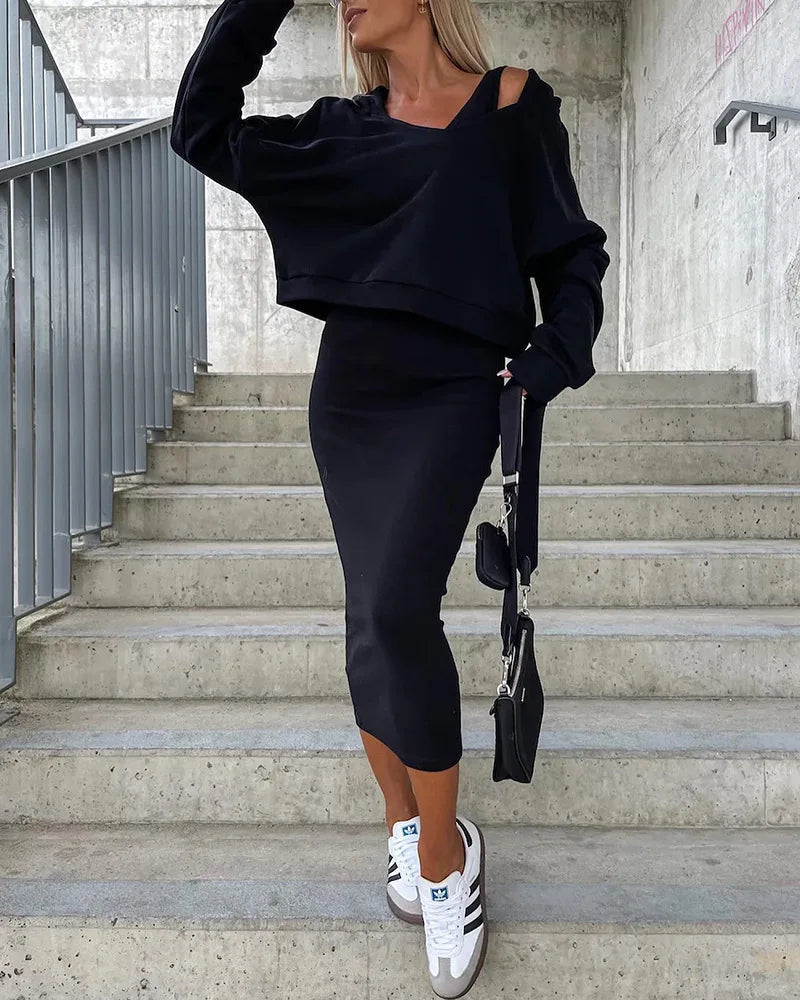 Sporty Slim Fit V-Neck Hooded Sweater Long Dress with Short Top- 2 Prices Set