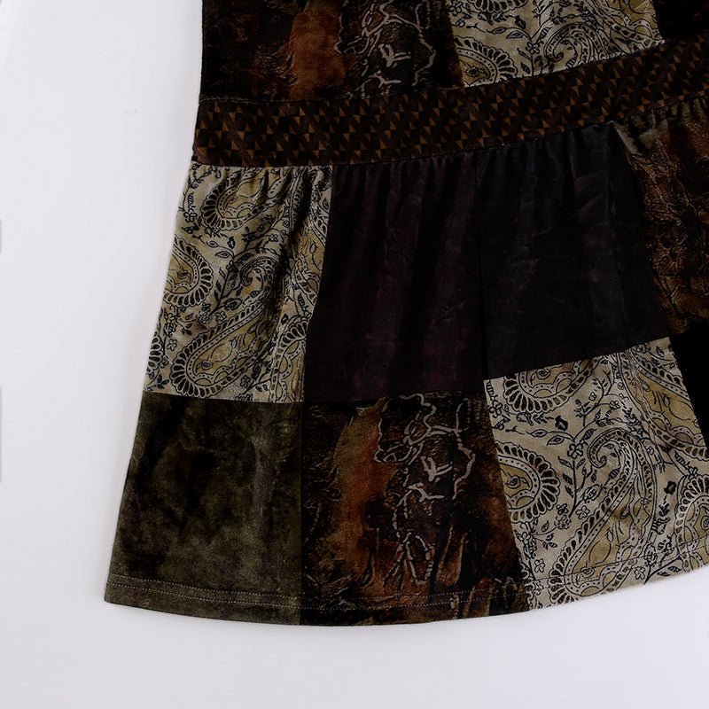 Boho  Patchwork Brown Pleated   Skirt