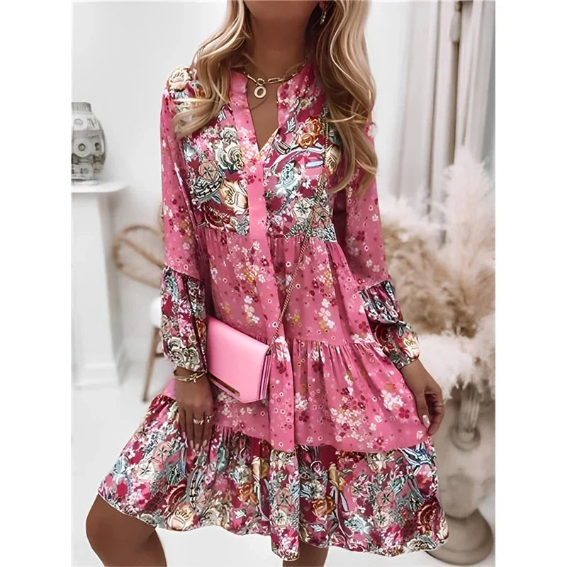 Cute Boho V Neck Floral Design Dress with Ruffles