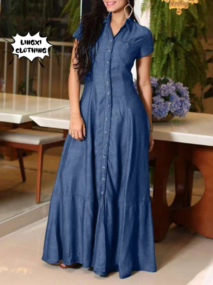 Denim Swing Dress with Long Dress with Pocket