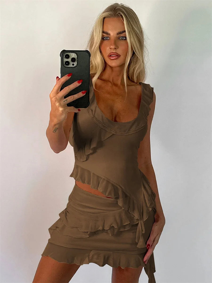 Irregular Design Skirt & U-neck 2 Piece Ruffled Dress Set