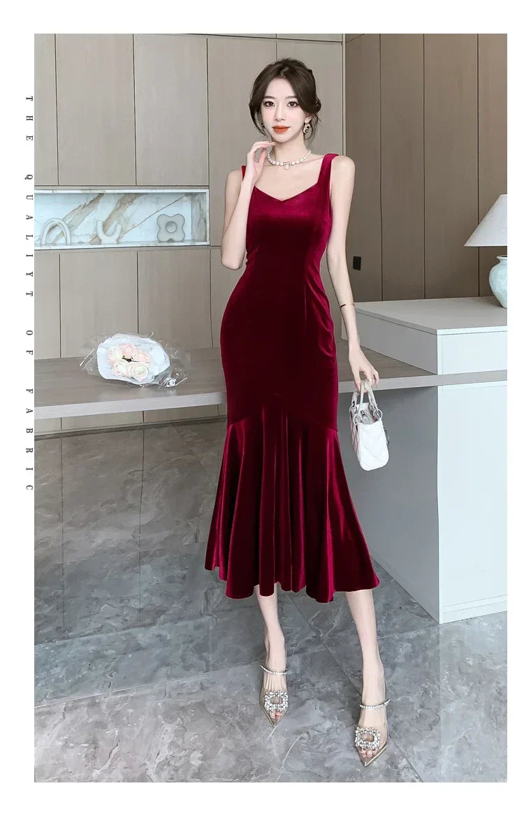 NEW Elegant Korean  Velvet Backless Sleeveless Midi Mermaid Dresses