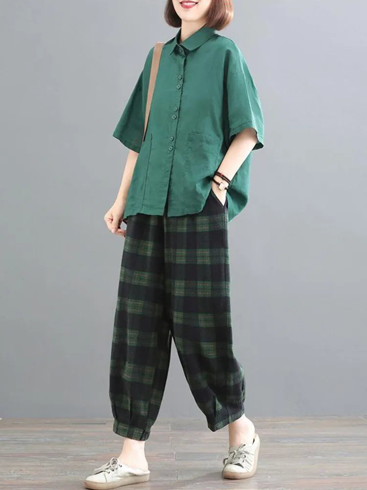 Vntage Style Loose Cotton Shirts & Plaid Pants 2 Piece Set