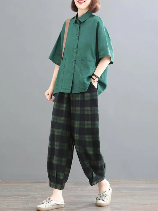 Vntage Style Loose Cotton Shirts & Plaid Pants 2 Piece Set