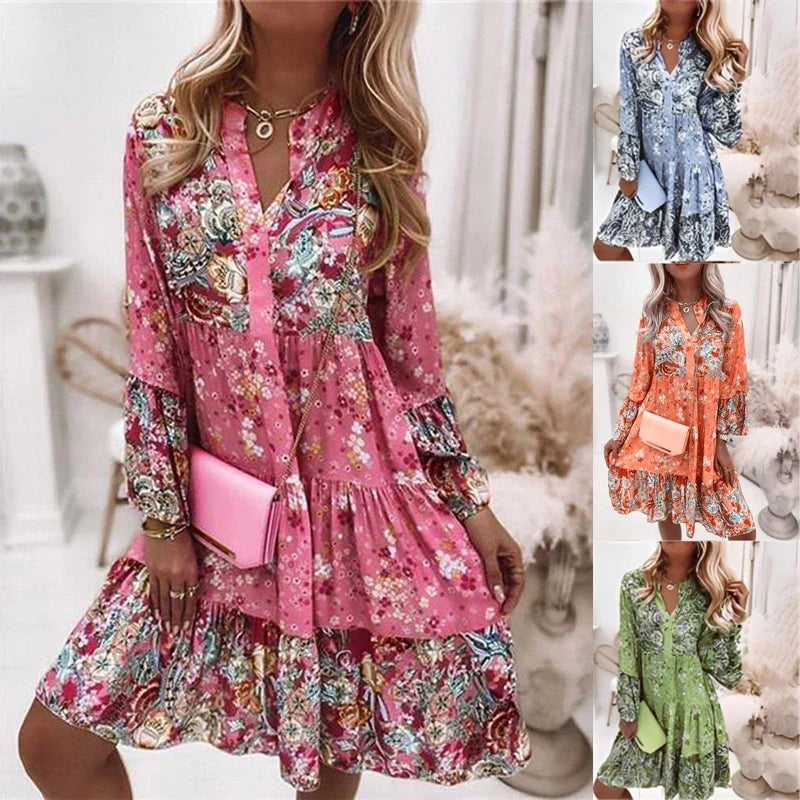 Cute Boho V Neck Floral Design Dress with Ruffles