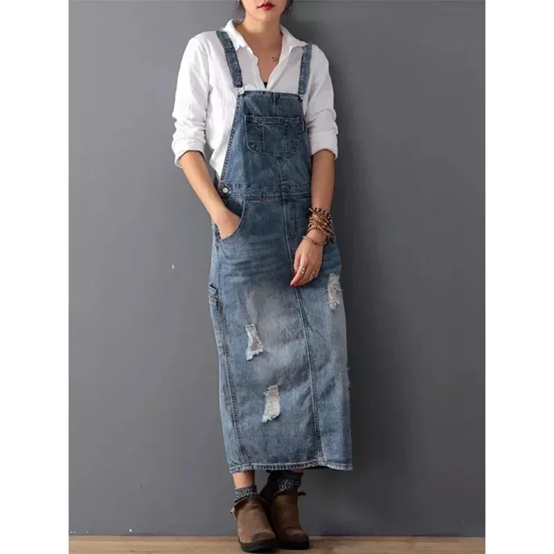 Denim Sleeveless Strap Straight Long Skirt.