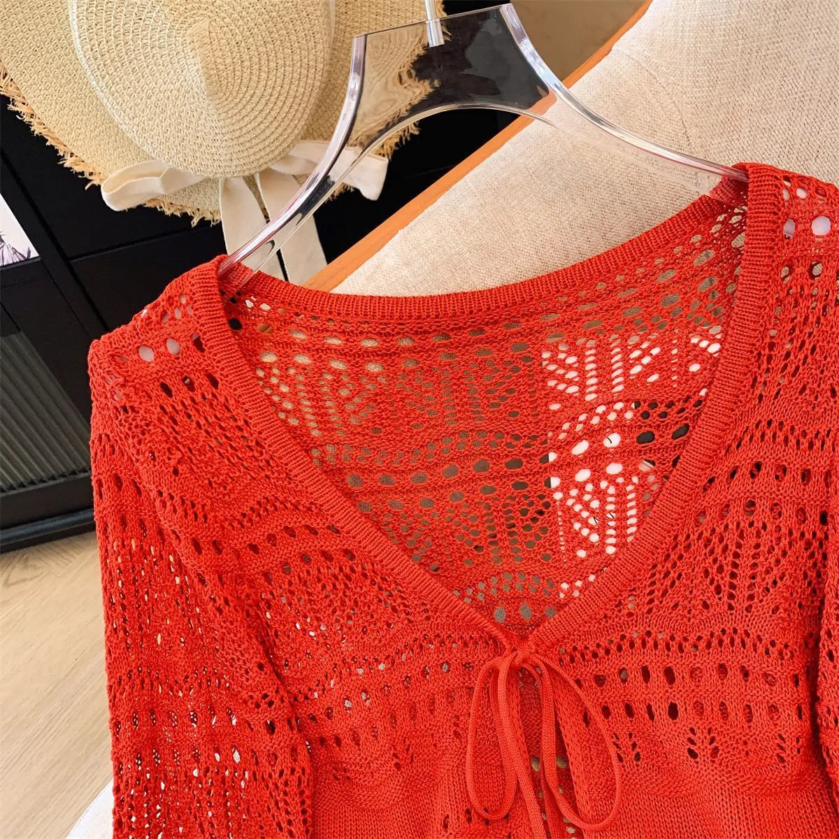 Casual Comfort Crochet  Short Top  Knitted Cardigan with Long Sleeves