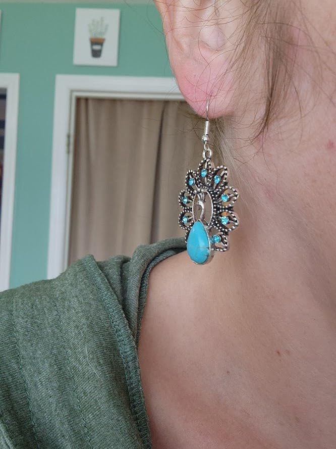Unique Boho Turquoise Dangle Drop Peacock Earrings.