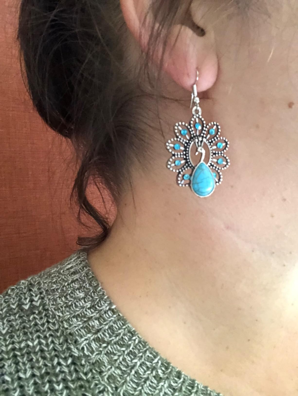 Unique Boho Turquoise Dangle Drop Peacock Earrings.