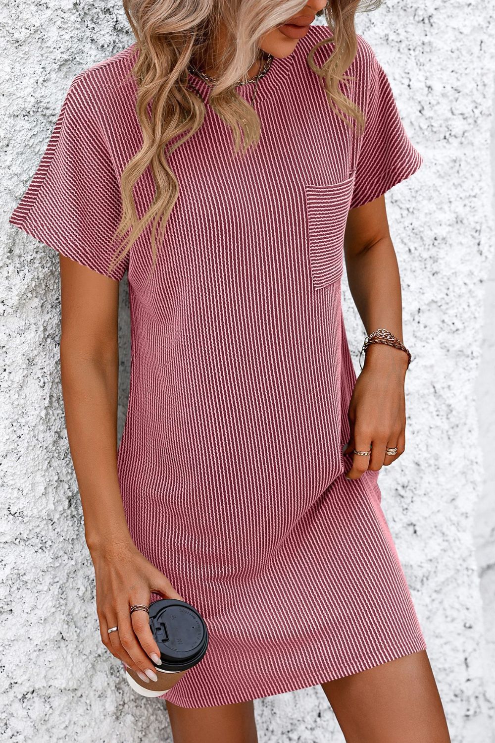 Weekend Ready Ribbed Striped Short Sleeve Dress