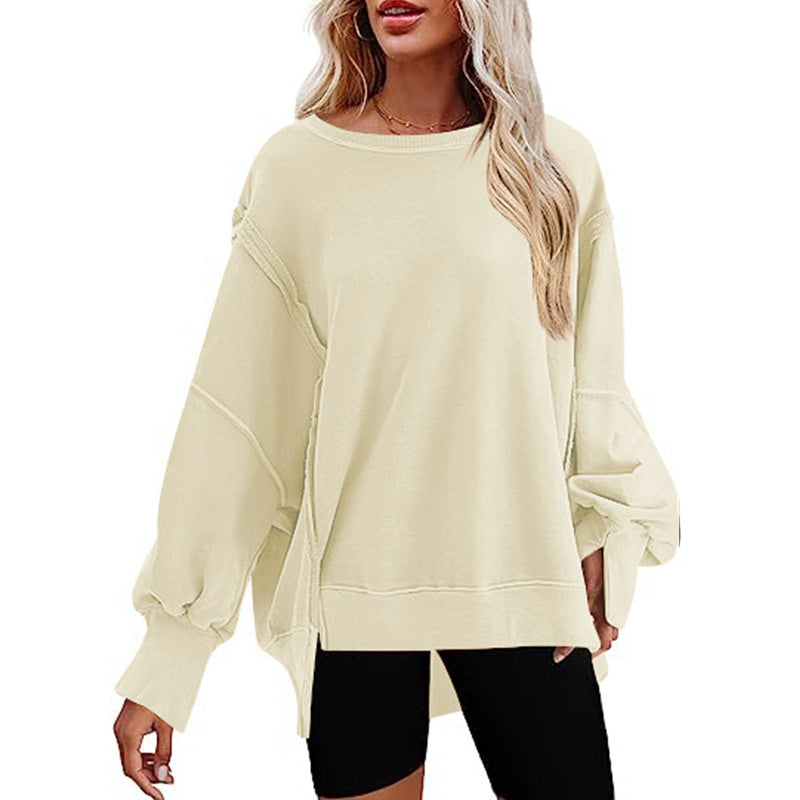 Sweatshirt Loose Round Neck Side Slit Long Sleeves Pullover Top