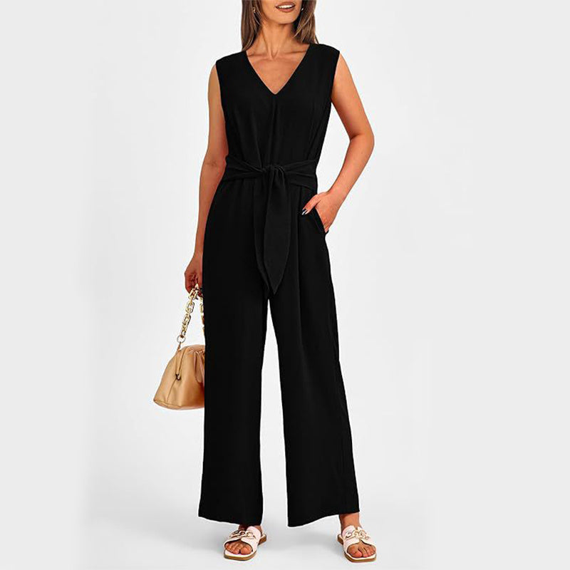 Summer Women V-neck Long Wide-Leg  Jumpsuit w/ Pockets