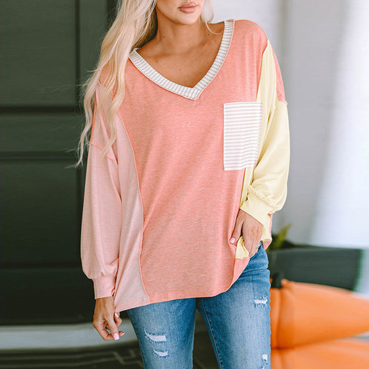Rose Coral  Multicolor Stripes  V-neck Long Sleeve Top with Pocket