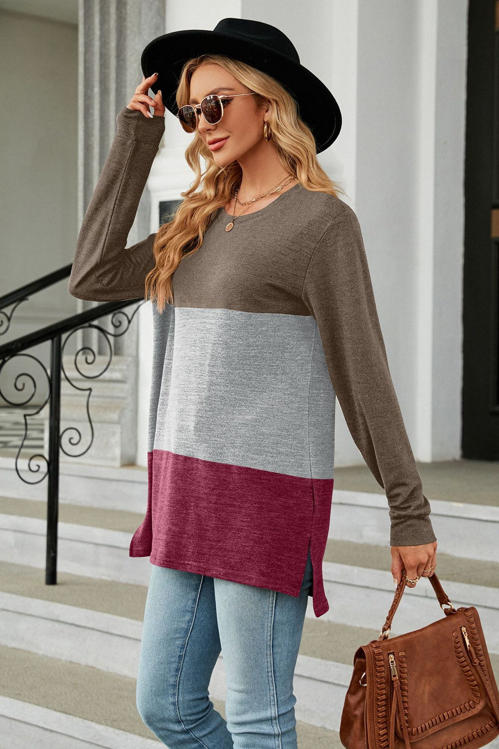 Vibrant Urban  Color Block Round Neck Long Sleeve Top