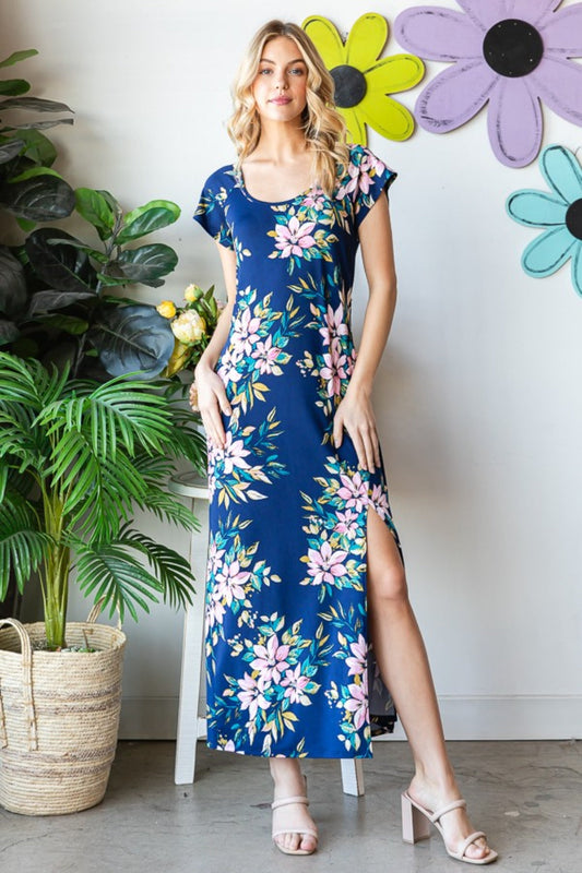 Floral Blue Maxi Dress  Short Sleeve