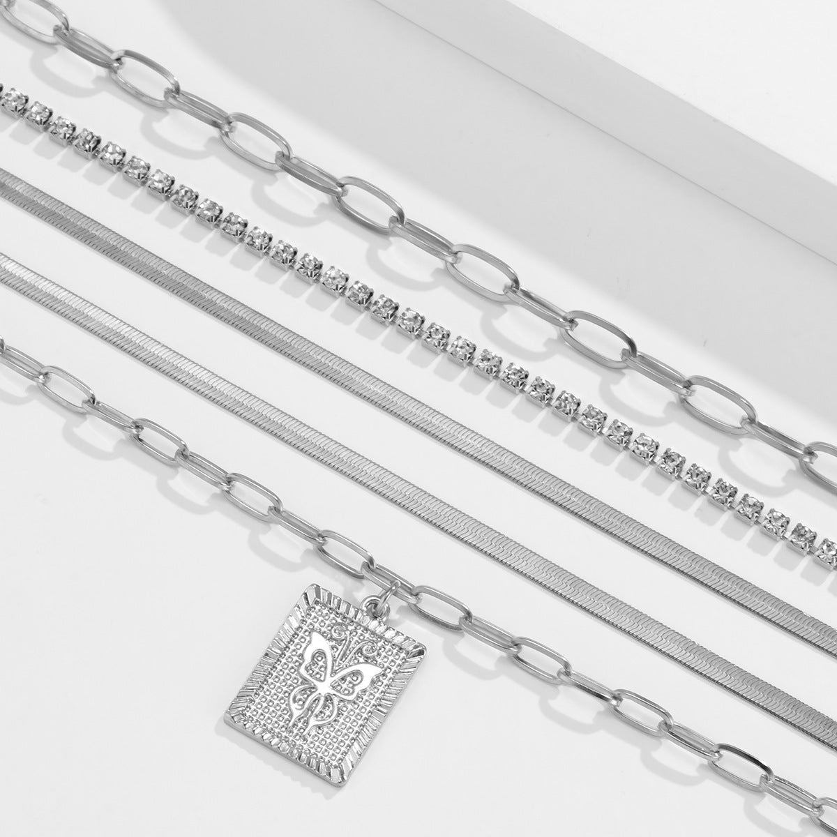 Herringbone Necklaces with Micro Inlaid Rhinestone -  5 Necklace Set.