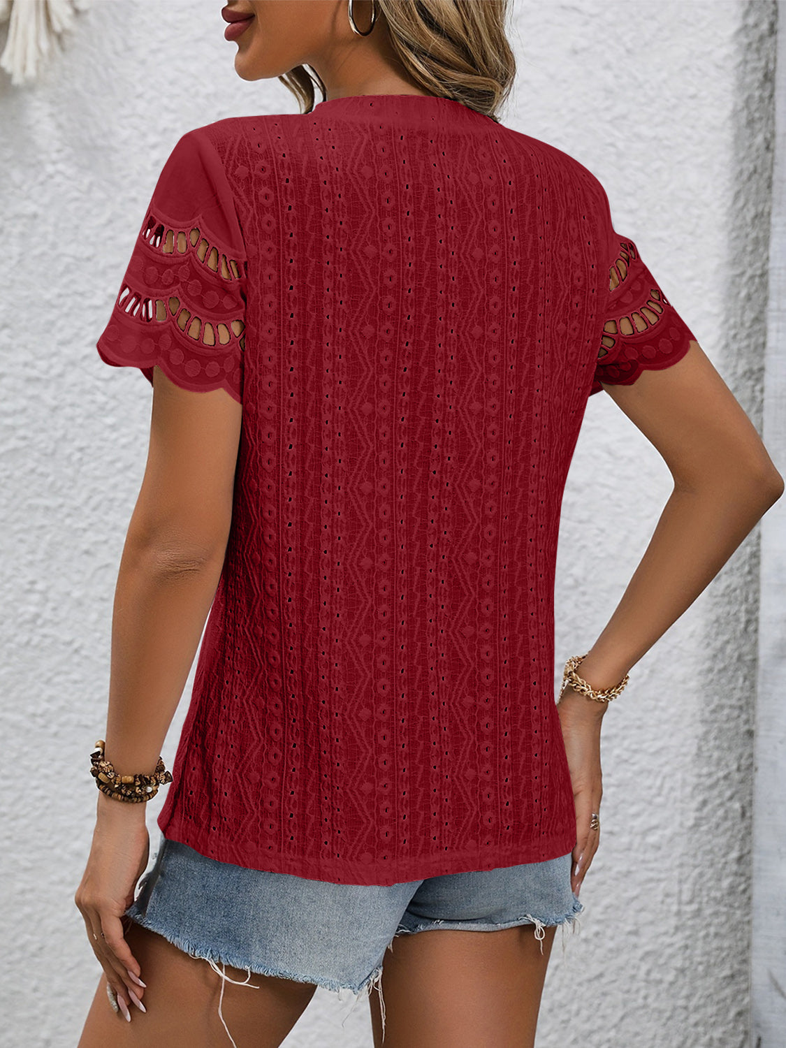 Eyelet Embriodery Round Neck Short Sleeve Top