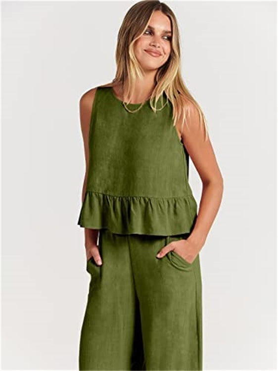 Summer Sleeveless Top Wide-leg Cropped Pants Two Piece Sets
