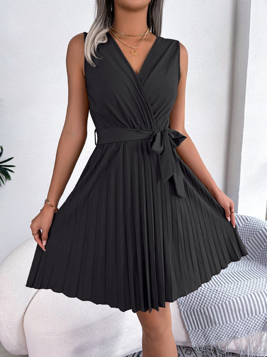 Radiant Surplice Pleated Sleeveless Midi Dress