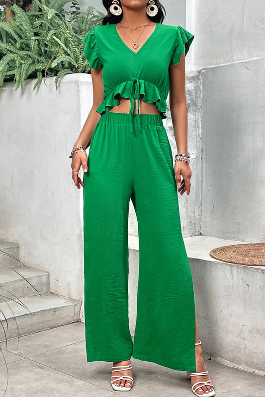 Chic V-Neck Ruffle Hem Top and Slit Pants Set