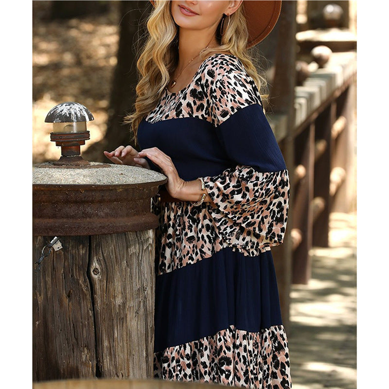 Printed Round Neck Pullover Bell Sleeve Dress