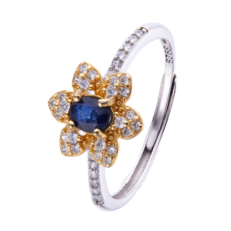 Natural Sapphire Flower Ring Inlaid with Sparkling Gems. - Adjustable to All Sizes.
