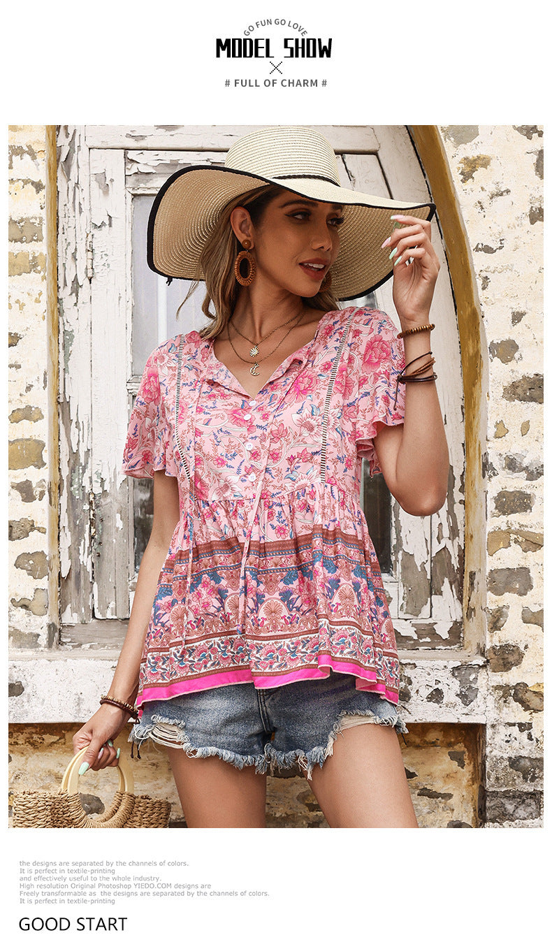 Summer Pink Floral Cotton Printed Short w/ Seeved