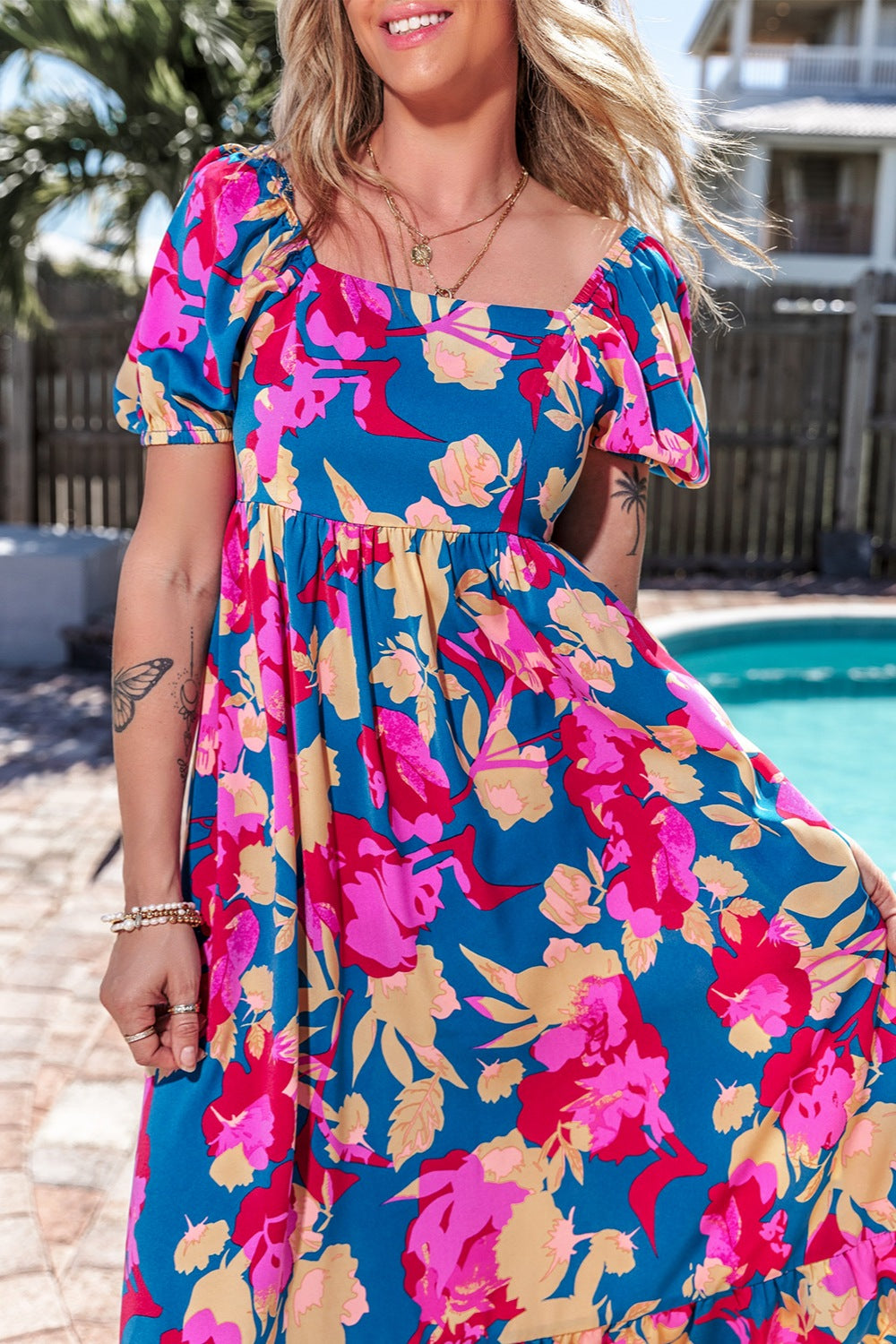 Garden Girl  Midi Dress with Square Neck & Short Sleeve