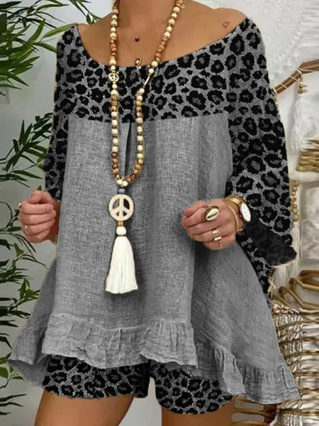 Leopard Print Stitching Loose Large Size 2 Piece Suit