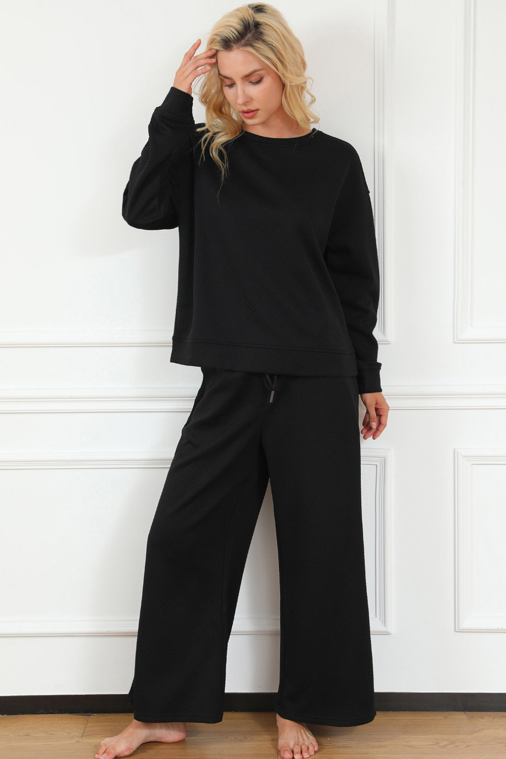 Luxe Loungewear Textured Long Sleeve Top and Drawstring Pants Set