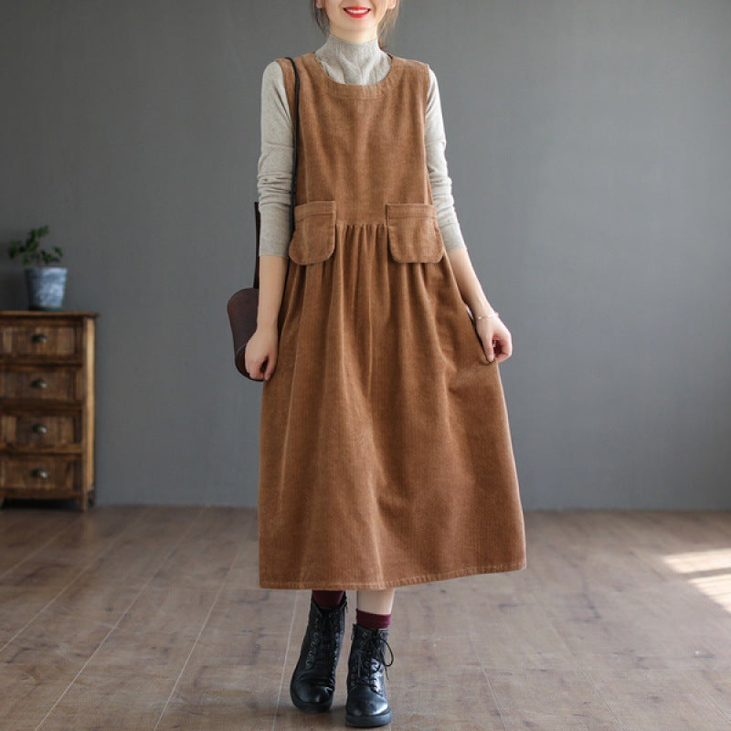 Artistic  Corduroy Mid-length Sleeveless Vest Dress Dress