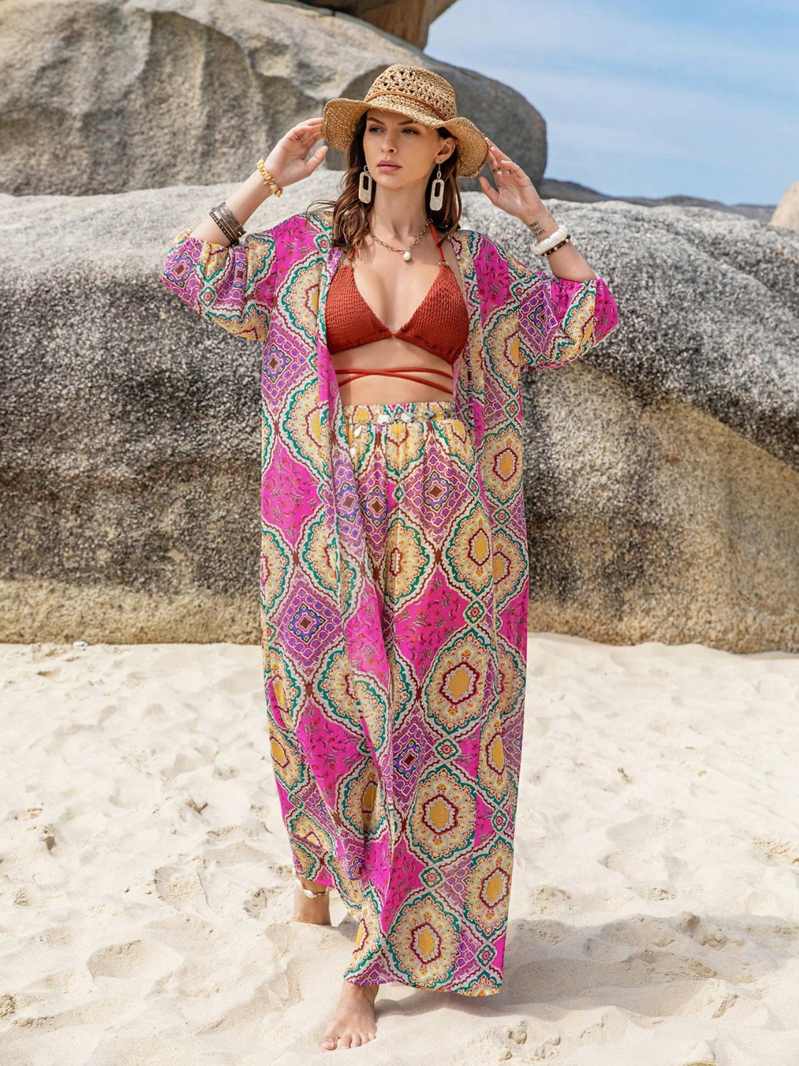 Floral Printed Open Front Cardigan and Pants Set