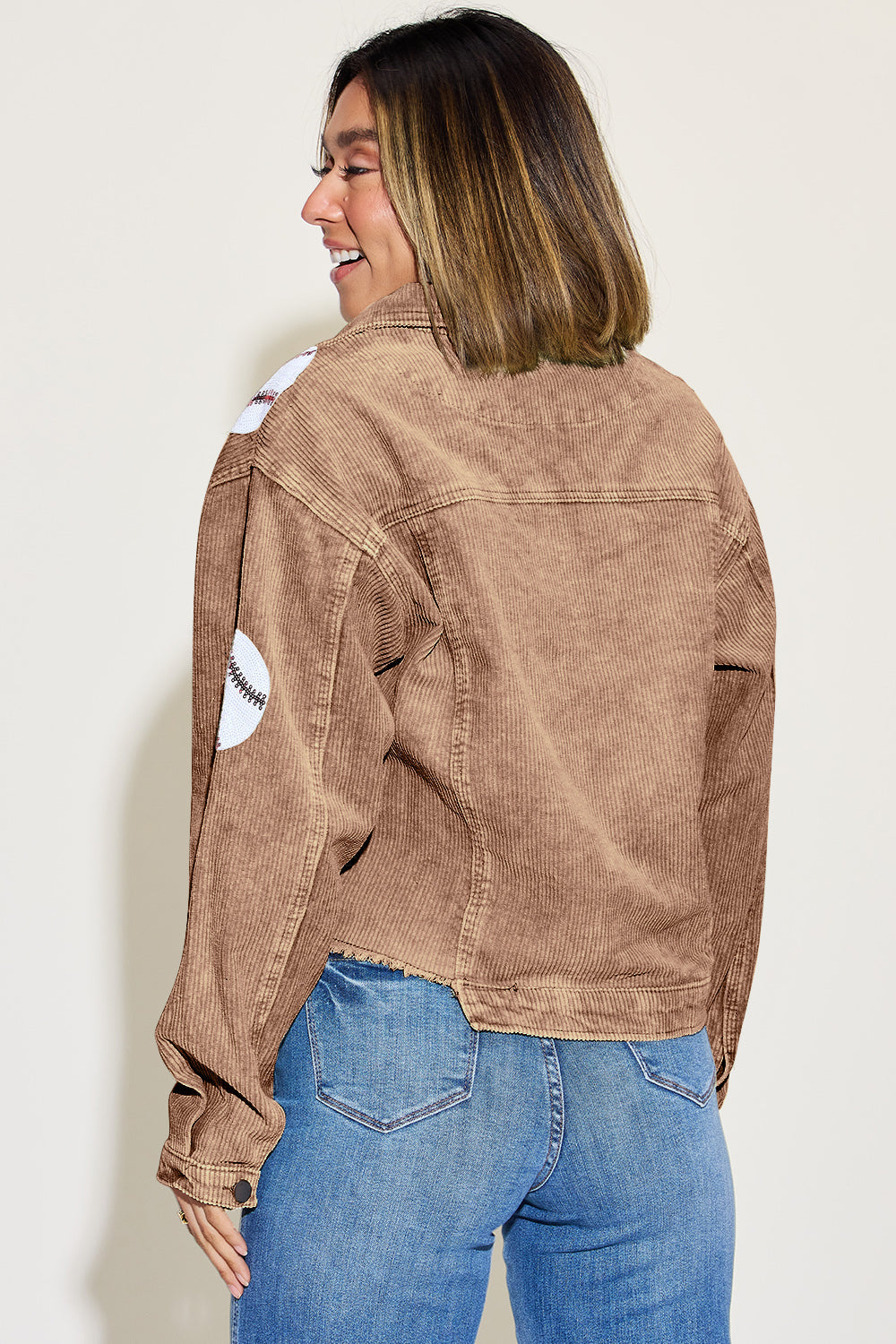 Home Run! Baseball Sequin Dropped Shoulder Raw Hem Jacket