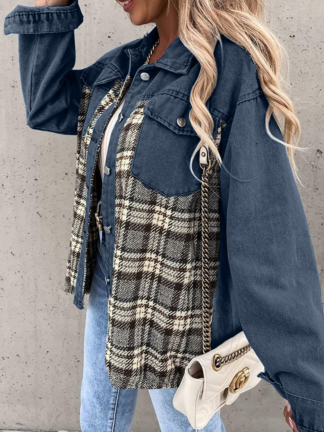 Black White Plaid Button Up Dropped Shoulder Denim Jacket
