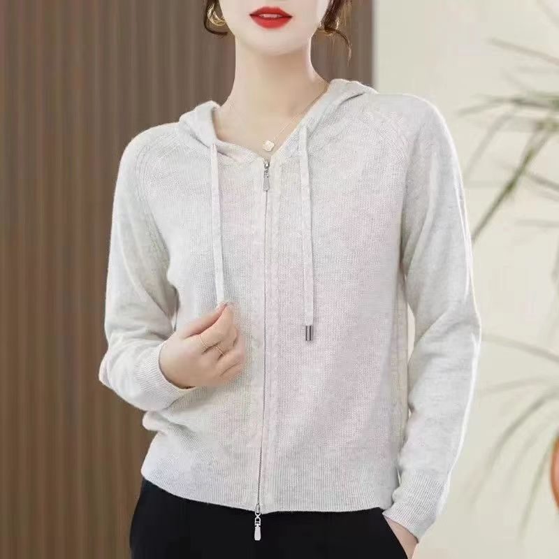 Knitted Hooded Casual Zipper Cardigan
