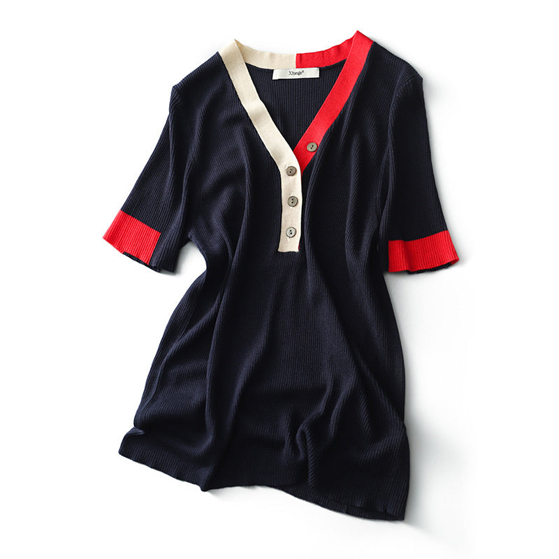 Urban Chic V-neck Blouse with Loose Short Sleeve