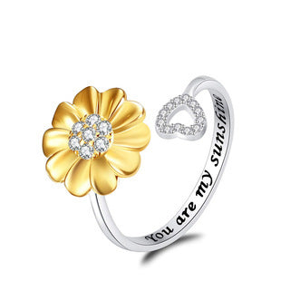 You Are My Sunshine Gold/Silver Two-tone Sunflower Ring. - Adjusts to Any Size.