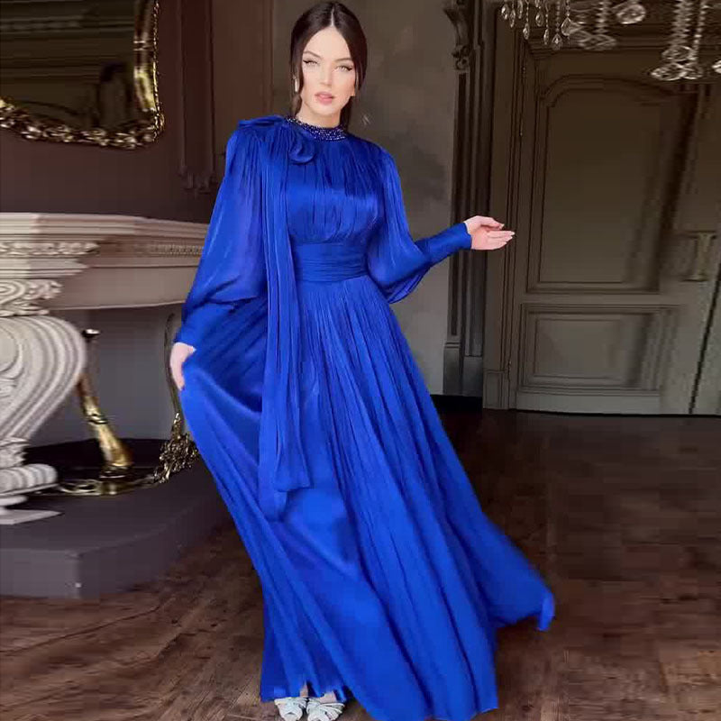 Pleated  Glamour Waist Tight Long Sleeve Dress