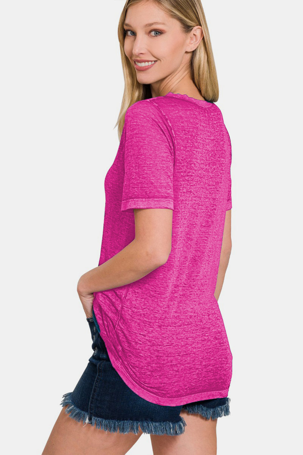 Hot Pink V-Neck  T-Shirt with Short Sleeve