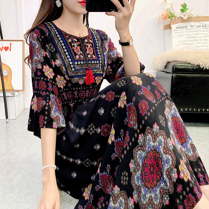 Artsy Crew Neck Ruffle Half Sleeve Silky Dress