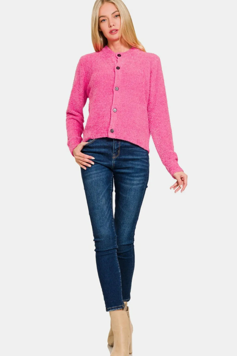 Fuchsia  Button Down Long Sleeve Sweater Cardigan